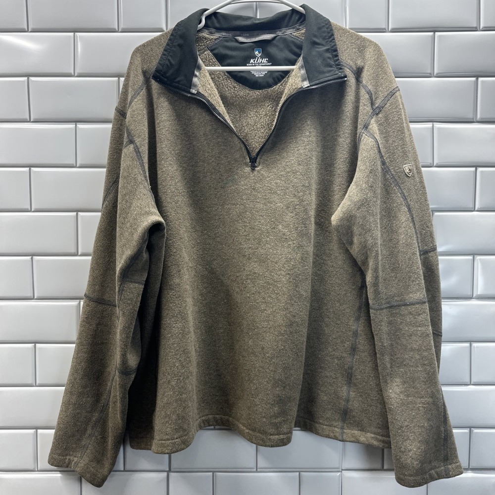 Kuhl 1/4 Zip Fleece Pullover Sweater Men's 2XL Pockets Outdoor Hiking Brown